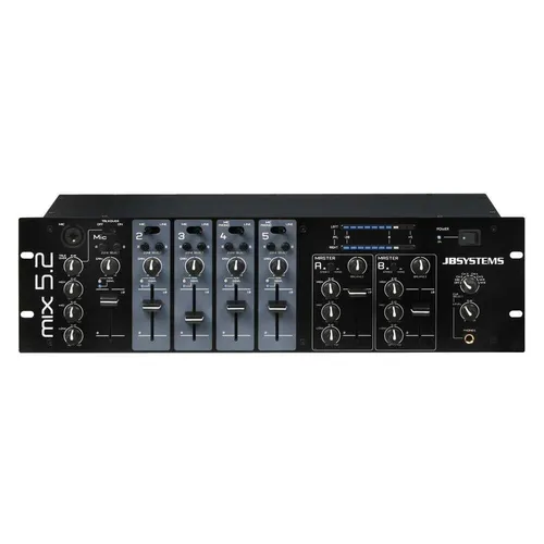 JB Systems MIX 5.2 - 2-Zonen Mischpult für DJ und Events - Mischpulte mit 5 Kanälen, ideal für Bars, Clubs und DJs. Mit Talkover-Funktion und rack-montierbarem Design für vielseitige Anwendungen.