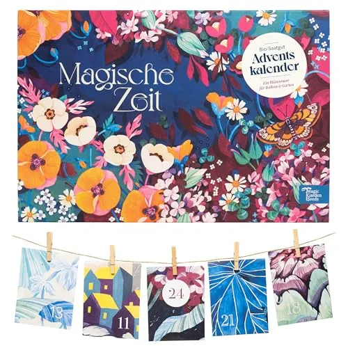 Magische Zeit - Bio-Saatgut-Adventskalender - Wilder Blütenrausch - Advents- & Weihnachtskalender mit 24 befüllten Tütchen aus Papier, die samenfeste Blumensorten bieten und eine nachhaltige, plastikfreie Freude für Gartenliebhaber und Bienenfreunde sind.