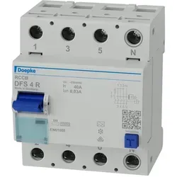 Doepke DFS4 040-4/0,03-A R FI-Schutzschalter - Fehlerstromschutzschalter für sicheren Schutz von Personen und Anlagen. Kompakt, netzunabhängig und ideal für Wohn- und Industrieanlagen. Schaltstellungsanzeige und große Klemmen für einfache Installation.
