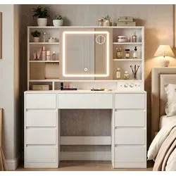 VASAGLE Schminktisch mit Ladestation und 10x Vergrößerungsspiegel - Schminktisch mit modernem Design und 9 Schubladen, inklusive abnehmbaren 10x Vergrößerungsspiegel für präzises Schminken. Werkzeuglose Montage und LED-Beleuchtung mit 3 Lichtfarben.