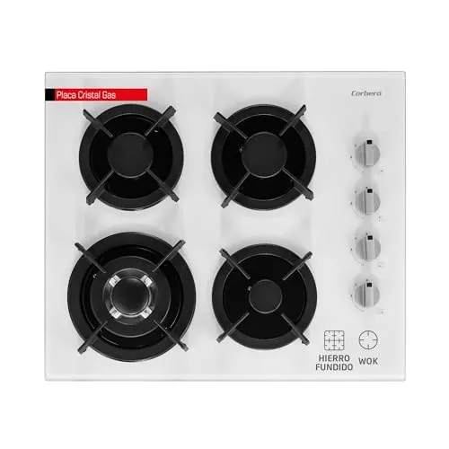 Corberó CPCGY2314W Gasplatte Leistung 7,8 kW, 4 Feuer, Butangas, Weiß, Wokzone, Gusseisen-Grill, Sicherheitsventil, automatische Sicherheitsabschaltung