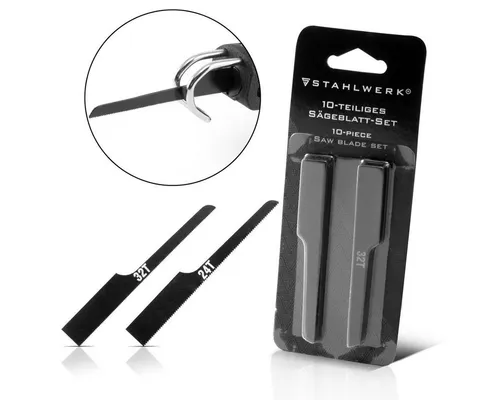 STAHLWERK 10-teiliges Set Ersatzsägeblätter - Druckluftgeräte - Robuste Sägeblätter für Mini-Druckluft-Stichsägen, ideal für professionellen Einsatz im KFZ-Bereich und Maschinenbau.