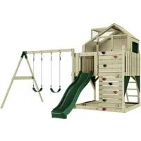 PolarPlay Spielturm Lasse - Vielseitiger Spielturm für Kinder ab 3 Jahren mit Kletterwand, Rutsche und Spielhaus. Stabile Konstruktion aus unbehandeltem Holz, 10 Jahre Garantie, ideal für endlosen Spielspaß im Garten.