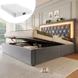 MODFU Polsterbett 160x200 Doppelbett mit integrierte LED-Streifen und Diamantknöpfen,Jugendbett mit USB & Type-C Ladestation,Bettgestell mit Matra... - Grau