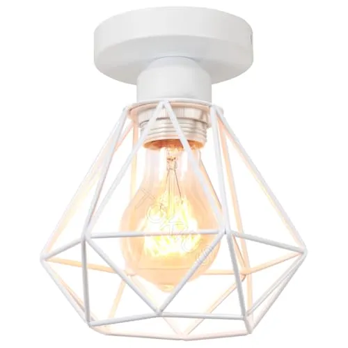 TOKIUS Deckenlampe, 16CM Vintage Deckenleuchte im Industrial Design Retro E27 Lampe aus Eisen Käfig Pendelleuchte Weiß (1 Stück)