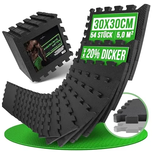 AthleticPro Bodenschutzmatte Set – Extra dicke rutschfeste Matten (54 Stk., 30x30cm) für Fitnessräume - Die AthleticPro Bodenschutzmatten bieten optimalen Schutz für jeden Raum. Mit 20% mehr Dicke sind sie ideal für schweißtreibende Workouts. Einfach zu reinigen und rutschfest für sicheren Halt während des Trainings!