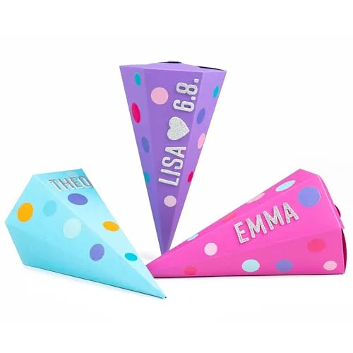 Papierdrachen 3 Geschwistertüten - Schultüte zur Einschulung - kleine Zuckertüte für Schwester und Bruder - Türkis, Lila & Pink - inkl. dekorativen Moosgummi Aufklebern