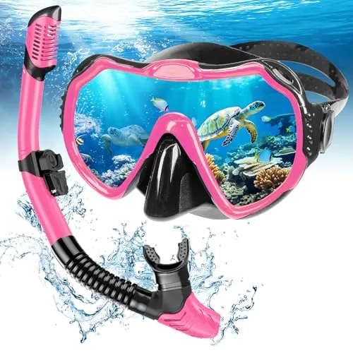 Mengine Schnorchelset Erwachsene, Dry Schnorcheln Set mit Schnorchel und Taucherbrille, Anti-Fog&Anti-Leck wasserdichte Tauchmaske für Erwachsene(Pink)