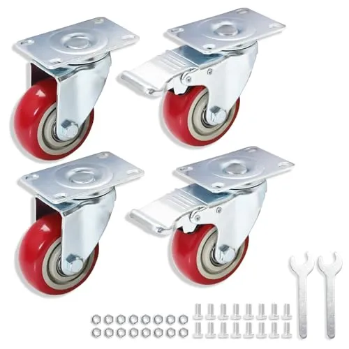 75mm Möbelrollen Schwerlast [2x Lenkrollen + 2x mit Bremse] – 400kg Tragkraft – PU Polyurethan Rollen leise & bodenschonend – 360° Schwenkrollen aus verzinktem Stahl mit Schrauben & Werkzeug
