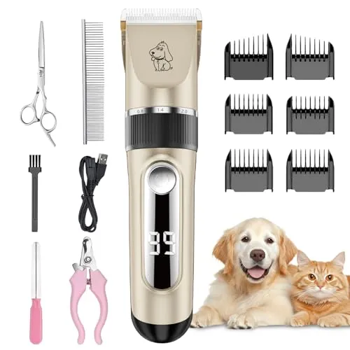 NWOUIIAY IPX7 Professionelle Haustier Haarschneidemaschine Leiser Wiederaufladbarer und Kabelloser Tierhaarschneider für Hunde Katzen Geeignet für alle Felltypen