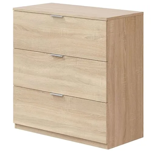 Habitdesign, Kommode mit 3 Schubladen, Schlafzimmer, LowCost, Eichen-Finish, Maße: 77 cm (Breite) x 80 cm (Höhe) x 38 cm (Tiefe)