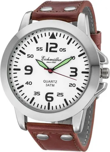 Eichmüller Herrenuhr RE1007 – Elegante Quarz-Uhr mit Lederband - Armbanduhren für Herren mit 45 mm Gehäusedurchmesser, stilvollem Weiss-braunem Lederband und präzisem Quarz-Uhrwerk für zuverlässige Zeitmessung.