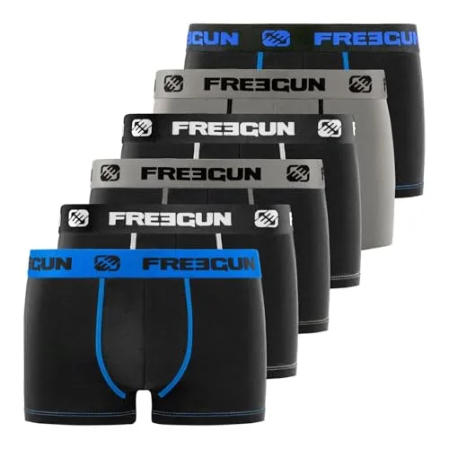 FREEGUN Boxershorts Herren Atmungsaktiv, Unterhosen Männer, rutschfest (6er Pack), Schwarz/Grau/Weiß/Blau, L