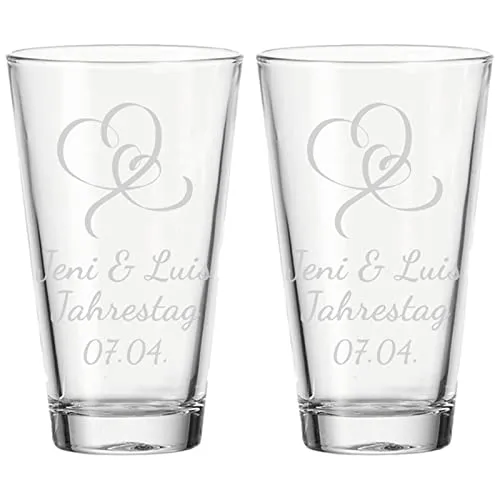 LUXENTU Trinkglas mit Gravur, 300 ml, 2er Set, Wasserglas mit Herzchen-Motiv geschwungen, Personalisierte Gläser für die Hochzeit & Verlobung, Spülmaschinenfest, 3 Zeilen konfigurierbar
