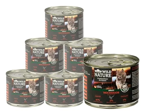 Dehner Wild Nature Katzenfutter Hochmoor, Nassfutter getreidefrei, für ausgewachsene Katzen, Ente / Pute, 6 x 200 g Dose (1.2 kg)