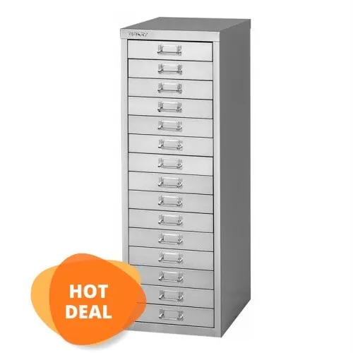 Bisley Schubladenschrank MultiDrawer - 15 Schübe aus Metall, silber - Schubladenschrank aus robustem Metall mit 15 leichtgängigen Schüben für DIN A4, ideal für Büro und Werkstatt. Chrombeschichtete Griffe und Etikettenfenster sorgen für eine perfekte Organisation.