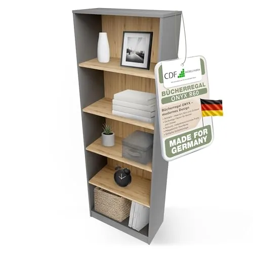 CDF Bücherregal R60 - Anthrazit/Eiche Artisan, 60 cm - Bücherregal für Wohnzimmer, Büro und Kinderzimmer, modernes Design und perfekte Funktionalität, inklusive Montageanleitung.