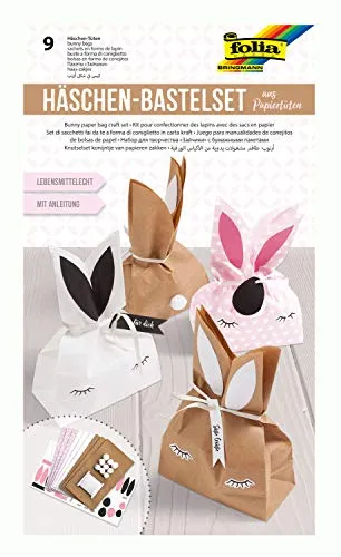 folia 41291 - Bastelset Häschen aus Papiertüten, zur Gestaltung von 9 Häschen, mit Anleitung, ideal als Geschenktüten für kleine Naschereien