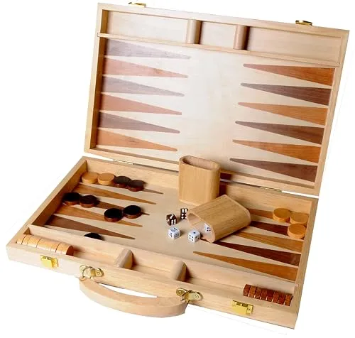 Engelhart Backgammon Spiel - Hochwertiges Backgammon-Set aus furniertem Holz, klappbarer Koffer mit integriertem Stauraum für 5 Würfel und Spielsteine, ideal für strategische Duelle ab 6 Jahren.