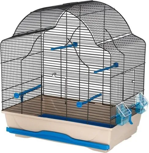 KERBL Vogelkäfig Gänseblümchen 56 x 36,5 x 62 cm - Vogelkäfige mit herausnehmbarem Tablett für einfache Reinigung, inkl. Sitzstangen und Futterhäuschen in ansprechendem beige-blauen Design.