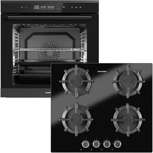 Oranier Einbau-Backofen Set Pyrolyse EBP820 autark - 14 Funktionen inkl. 60 cm Gas-Glaskeramik-Kochfeld GKH590-4 Kochstellen mit Design Bedienknebel
