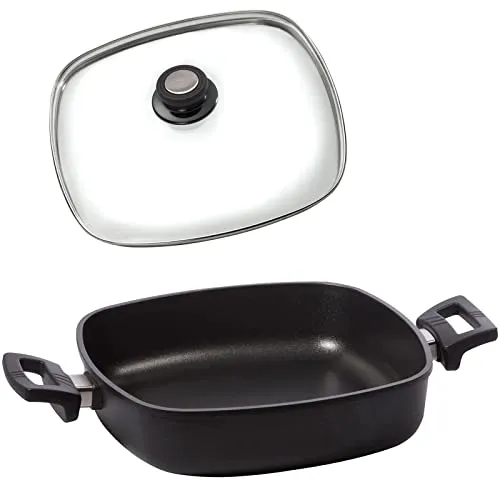Eurolux Guss-Kasserolle 28x28 cm Induktion Set mit Glasdeckel (Edelstahlrand) - flache quadratische Universal Bratenkasserolle mit Antihaft-Beschichtung - Made in Germany