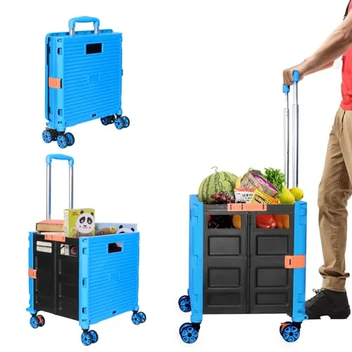 Einkaufstrolley, Klappbar Transport Trolley, Shopping Cart, Trolley mit Deckel, Faltbar Einkaufstrolley Einkaufswagen Faltbox Schwarz, bis 50kg, Teleskopgriff Ausziehgriff Aluminium Kunststoff (B)