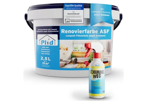 plid Wandfarbe Renovierfarbe ASF Weiß, 2,5l - Hochdeckende Schimmelschutzfarbe für Innenbereiche, schnelltrocknend und mit geringer Geruchsentwicklung - ideal für alle Wände.