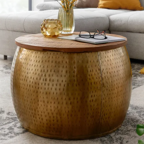 FINEBUY Couchtisch FB80735 - Mango Massivholz & Metall, 60x60x40 cm, Gold Modern - Couchtisch aus Mango Massivholz mit abnehmbarer Tischplatte und Stauraum, handgefertigt und einzigartig für ein stilvolles Wohnzimmer.