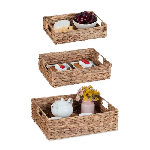 Wasserhyazinthe Frühstückstablett - eckiger Flechtkorb - Tablett aus Wasserhyazinthe mit praktischen Griffen, ideal für Frühstück und Snacks. Schickes Design und robustes Material, perfekt für Ihre Küche.