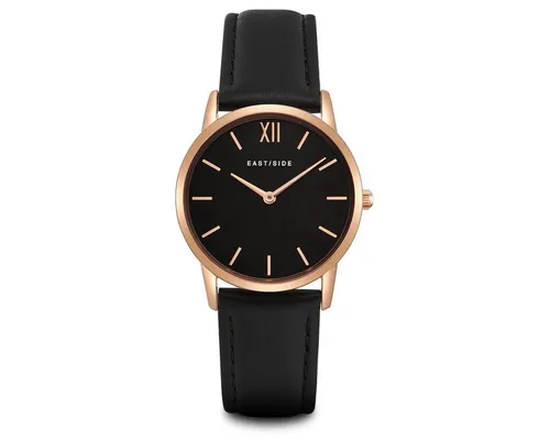 Eastside Damen Uhr analog mit Japanischem Quarzwerk - Armbanduhren für Damen, stilvolle Uhr mit hochwertigem Roségold-Gehäuse, 3 ATM spritzwassergeschützt und schwarzem Echtlederarmband für optimalen Tragekomfort.