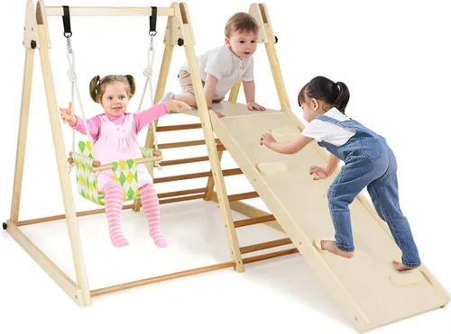 COSTWAY 4 in 1 Indoor Klettergerüst mit Babyschaukel - Multifunktionales Spielset für Kinder ab 1 Jahr: Dieses robuste Klettergerüst aus Massivholz bietet eine Babyschaukel, Ruheplattform und Kletterrampe für vielseitigen Spielspaß und fördert spielerisch motorische Fähigkeiten.