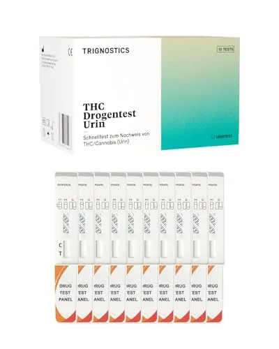 TRIGNOSTICS 10 Stück Drogentest Urin - hohe Sensitivität THC (Cannabis) | 10 Urin Teststreifen - Drogenschnelltest ohne Labor | für zuhause in 5 Minuten | Genauigkeit >99,9% | Drogentest Schnelltest
