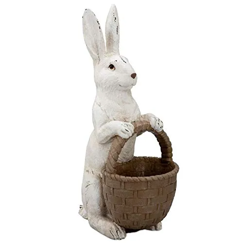 große Deko Hasen Figur Kunststein ca. 42 cm - sitzender weißer Osterdeko Hase mit braunem Korg - XXL Polyresin Osterhasen Frühjahresdeko zum hinstellen