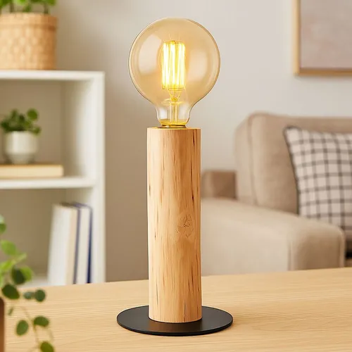 Vintage Tischlampe aus Holz und Metall - 1x E27 Fassung - Tischleuchte im Retrostil aus naturfarbenem Holz und schwarzem Metall, ideal für ein gemütliches Zuhause. Wählen Sie Ihr Leuchtmittel für eine individuelle Lichtgestaltung.