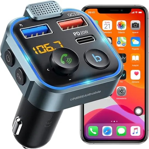 Retoo FM Transmitter Bluetooth 5.0 Auto Radio, Empfänger Adapter, Auto Ladegerät mit Dual USB Aufladung, Freisprecheinrichtung, Typ-C QC 3.0 USB, PD 20W, Schnellladung mit Blauem Umgebungslicht