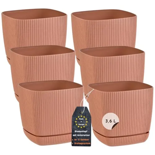 Engelland - 6 x Blumentopf mit Drainagesystem, Untersetzer, Farbe: Terrakotta, Rillenoptik, Pflanz-Topf, Kübel, modern, Kunststoff, quadratisch, 18 x 18 cm, 3,6 Liter