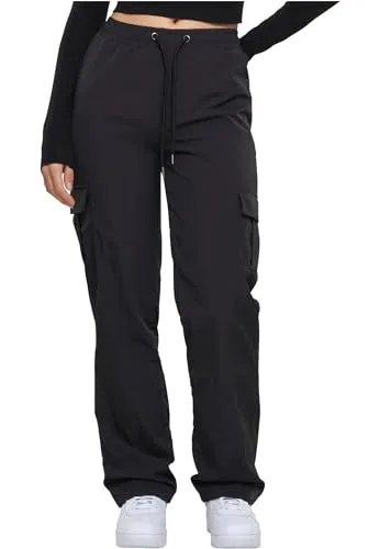 Urban Classics Damen Nylon Cargo Pants Black XL - Damen-Hosen mit praktischen Taschen und lässigem Look, ideal für Freizeit und Outdoor-Aktivitäten.
