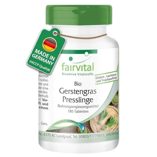 Fairvital | Bio Gerstengras Presslinge - 180 Tabletten - Hoch bioverfügbar - qualitätsgeprüft und hochdosiert - 100% vegan - Made in Germany