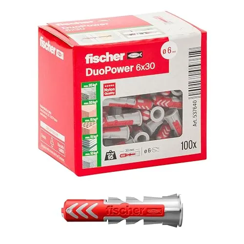 Fischer DuoPower Dübel, 6 x 30 mm, für Mauern, Lochstein, Gipskarton, 537640, 100 Stück