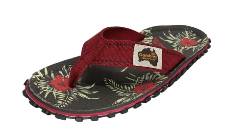 Gumbies Zehensandalen Original Flip Flops Hibiscus grau/rot Herren, Größe Euro (US): 42 - Sandalen für den Sommer, mit atmungsaktivem Fußbett und maximalem Tragekomfort – perfekt für Strandtage und Urlaubsabenteuer.