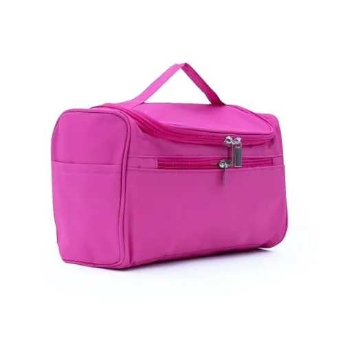 INTIRILIFE Tragbare Kosmetiktasche in PINK - 26 x 14 x 17 - Geräumiger Polyester Kulturbeutel Koffer mit Tragegriff, Reißverschluss, Netz Fach und zahlreichen Innen und Außentaschen