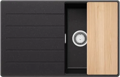 PRIMAGRAN Spülbecken Schwarz Metallic 78x50cm, Granitspüle 1 Becken + Ablauf-Set + Schneidebrett, Küchenspüle ab 45er Unterschrank - Kopenhagen S143