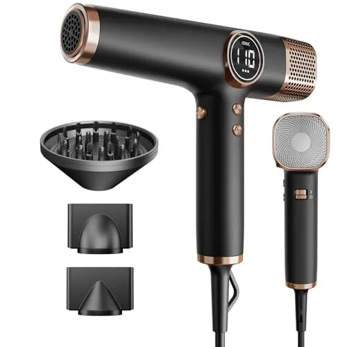 Faszin Haartrockner Leichter Föhn mit 110.000 RPM bürstenlosem Motor für Schnelles Trocknen, 200 Millionen Ionen fön, Wenig Lärm, LED-Anzeige, 3 Magnetdüse für Zuhause, Salon (Tiefschwarz)