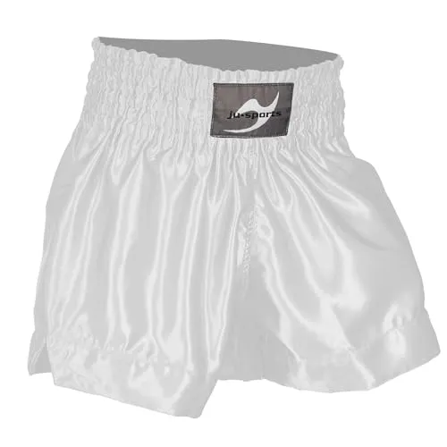 Ju-Sports Thaiboxhose Color Weiß XL I Thaibox Shorts im typischen Thai-Schnitt I 100% Polyester I Breiter Boxerbund & Zusatzschnürung I Auch für Kickboxen UVM.