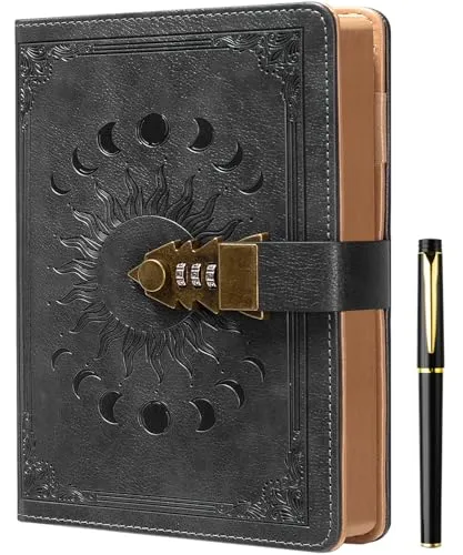 ZXHQ Tagebuch mit Schloss für Frauen/Männer, geheimes Tagebuch für Mädchen, A5 Notizbuch mit Stift Set, Nachfüllbares Leder Journal Schreiben Notizbuch mit Stift, Größe A5(8.5 × 5.9 Zoll) Dunkelgrau