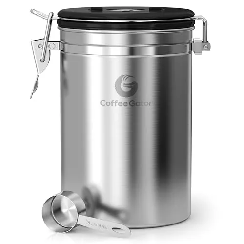 Coffee Gator-Edelstahl-Kaffeedose – Hält gemahlener Kaffee und Bohnen länger frisch – Behälter mit Datumsverfolgung, CO2-Freigabeventil und Messlöffel - Groß - Edelstahl