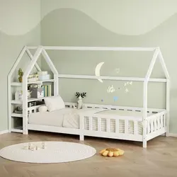 ML-Design Kinderbett 90x200cm mit Rausfallschutz, Regal, Dach & Lattenrost Weiß Montessori Bodenbett aus massivem Kiefernholz Hausbett Bettenhaus - Weiß