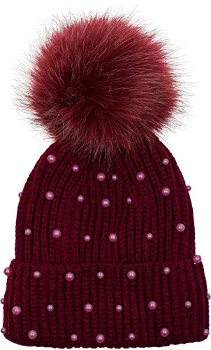 styleBREAKER Damen Strick Bommelmütze mit Perlen und Fleece Futter, warme Winter Fellbommel Mütze, Fake Fur 04024155, Farbe:Bordeaux-Rot