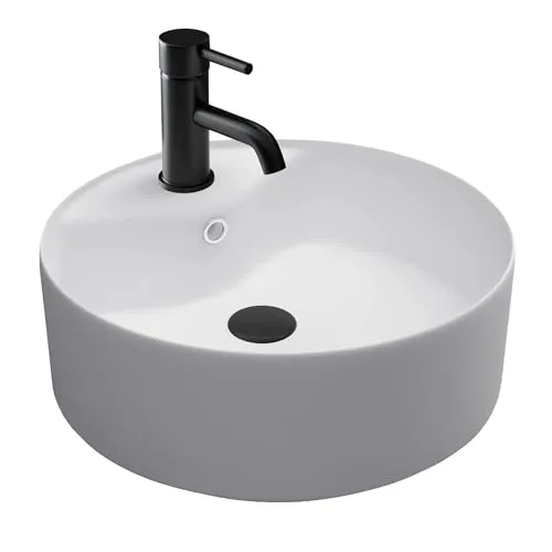 Alpenberger Keramik Aufsatzwaschbecken 40 cm Ø | Hygienisch und pflegeleicht mit Nano-Beschichtung - Waschbecken: Modernes Design mit runder Form und Nano-Beschichtung für maximale Hygiene – Wasser und Schmutz perlen einfach ab.
